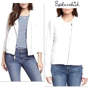 SPLENDID Coastal Asymmetric Zip White Moto Jacket in Woven Cotton, Size XS